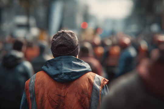 During an International Labour Day event, a lone worker stood still in a blur of moving protesters, making for a poignant scene.