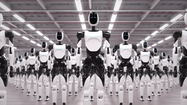 Camera orbits around a humanoid robot with rows of advanced humanoid robots standing behind in an industrial warehouse. Future of industrial automation and AI robotics. 3d animation rendering