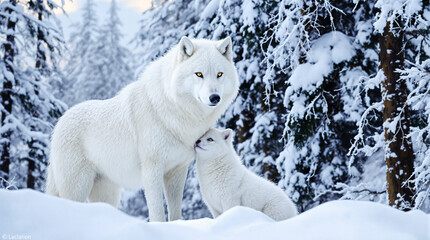 Obraz premium white wolf in the snow with her cub