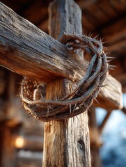 Wooden cross with crown of thorns illuminated by warm sunlight