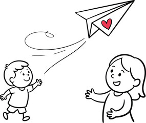 Children playing with paper airplane with heart on it, boy and girl happy outdoor activity, fun and joy flying toy.