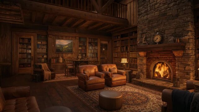 Flickering stone fireplace with roaring flames casting warm light in library lounge, copy space