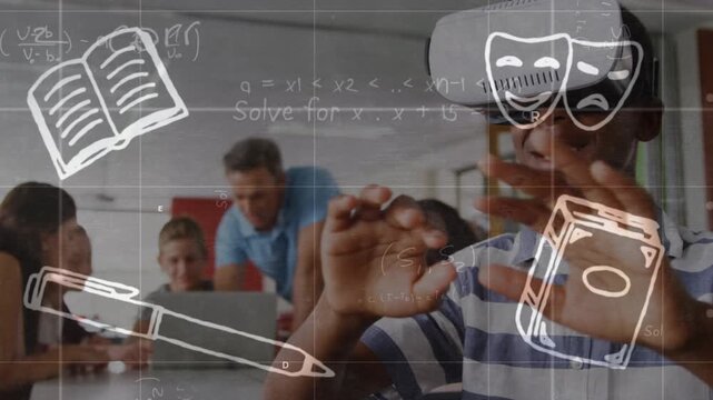 School concept icons and mathematical equations against african american boy wearing vr headset