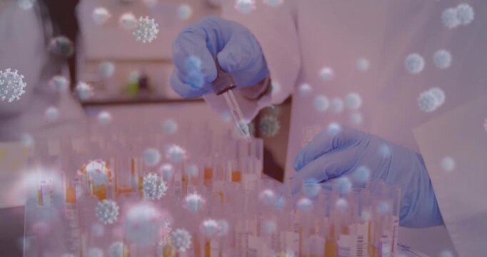 Digital video shows COVID and cyber attack cells over women, highlighting pandemic research.