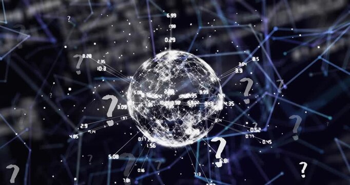 Animation of question mark icons over network of connections and data processing on black background