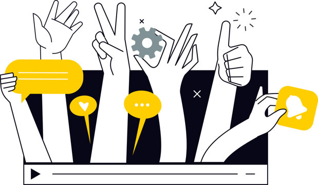 Video and Social Engagement Illustration Hands with Speech Bubbles, Heart, Bell and Gear for Audience Interaction Concepts