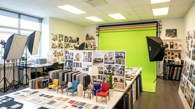 Modern photography studio workspace with green screen and creative design samples.