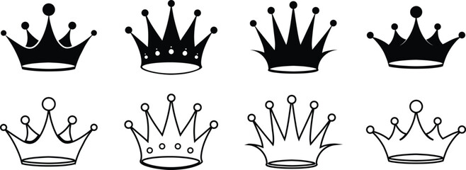 Collection of black crown illustrations in various line styles © KhandokerMehedi