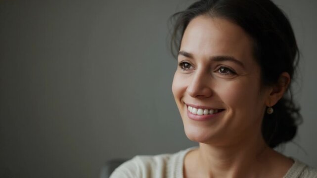 Gaze dropping to lap, woman in knit sweater, drop earrings reading, smiling, lifting gaze at home