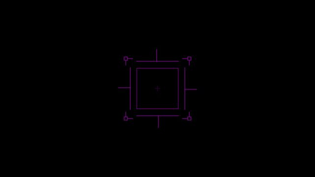 Loop in of formation of square radar display with target in sight in center on a dark background Target searching scope and scanning element theme, digital veiler frame