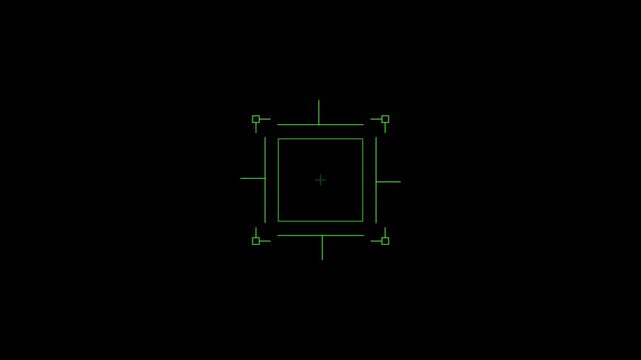 Loop in of formation of square radar display with target in sight in center on a dark background Target searching scope and scanning element theme, digital veiler frame