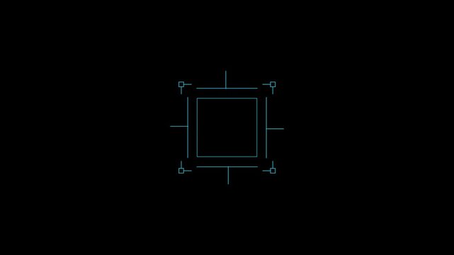 Loop in of formation of square radar display with target in sight in center on a dark background Target searching scope and scanning element theme, digital veiler frame