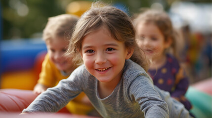 Fototapeta premium Faceless happy kids laughing and bouncing on a colorful jumping castle outdoors, defocused sunny background, inflatable party fun, summer kids entertainment, outdoor bounce play,