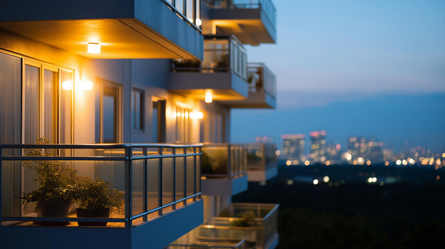 Sleek modern apartment building photographed at dusk with warmly illuminated balconies glowing against a deep blue twilight sky, defocused urban background, real estate listing,