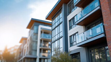 Obraz premium Modern multi-story apartment building featuring a striking mix of brick, concrete, and glass materials with large panoramic windows, defocused urban street background,