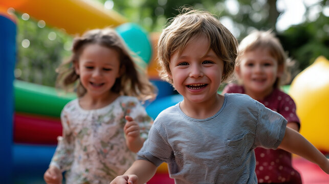 Faceless children laughing and jumping inside a giant colorful inflatable bounce house, defocused bright outdoor background, kids summer adventure, inflatable party fun, outdoor
