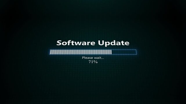 Software update on computer screen with futuristic blue progress bar. 3d loading bar animation