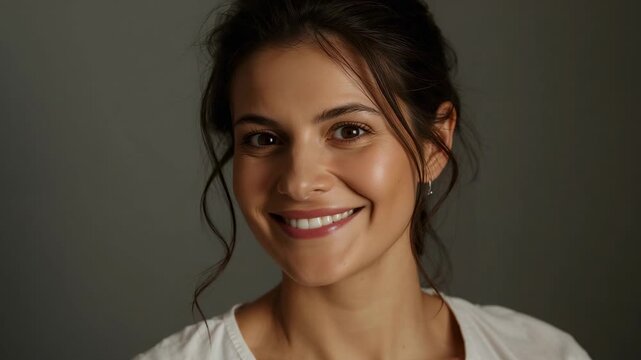 Smiling woman deepening smile across five frames while camera capturing studio shot with white top