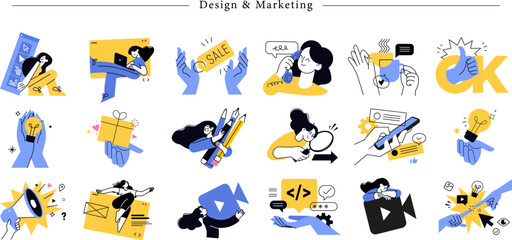Fototapeta premium 15 Design and Marketing Conceptual Icons Megaphone, Gift Box, SALE Tag and Thumbs Up for Creative Agencies in Periwinkle Blue and Citrus Yellow