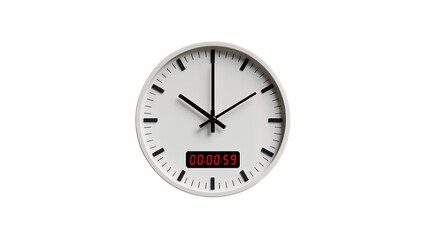 White analog clock with red digital timer display on black background