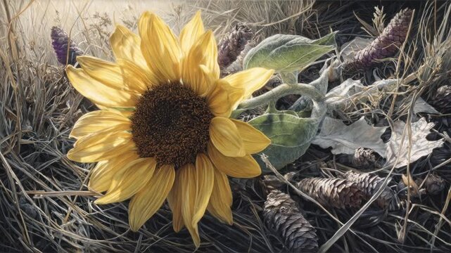 A vibrant yellow sunflower in its natural habitat, amidst fallen leaves, pinecones, and dried vegetation