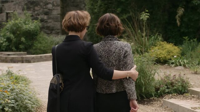 Walking two women placing arm around companion for support along gravel path, shoulder bag visible