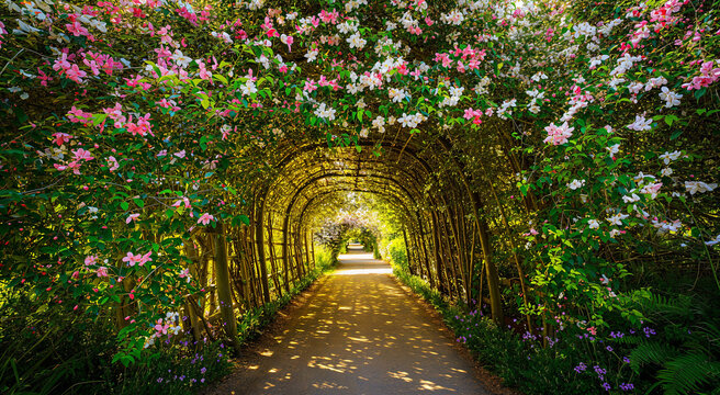 Long sunlit garden canopy formed by white and pink flowers over dirt foot path