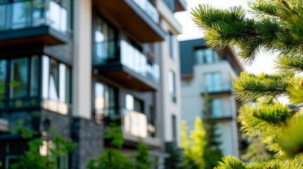 Obraz premium Modern multi-story residential building surrounded by tall evergreen trees and decorative stone landscaping, blending natural and contemporary architectural styles, defocused