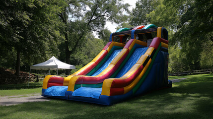 Vibrant tall colorful inflatable slide with multicolored sections in an outdoor setting, kids party entertainment, summer fun, inflatable slide concept, outdoor play, with copy