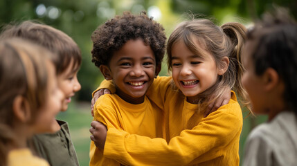 Faceless happy kids laughing and playing together outdoors in a sunny park, defocused green background, childhood friendship, summer activity, group play, kids fun concept, with