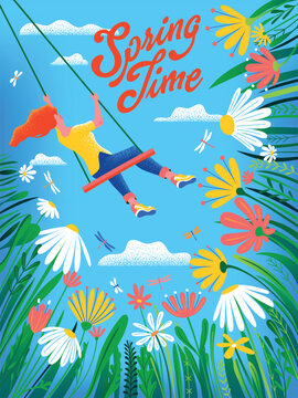 A girl on a swing flutters through a spring meadow, surrounded by bright wildflowers and grasses. Springtime's poster or banner. Handmade drawing vector illustration doodle cartoon.