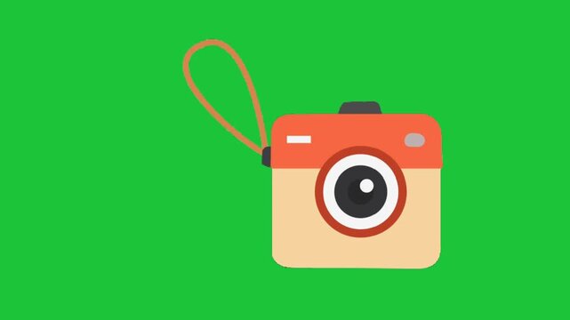 Flat camera icon animation on green background photography concept simple design with lens and strap creative visual