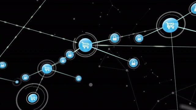 Animation of padlock and cart icons connected with lines, dots with lines moving on black background