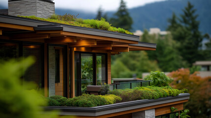 Obraz premium Modern private home featuring a striking green planted rooftop with exposed wooden beam accents and natural stone facade, stylish outdoor terrace living space, defocused garden