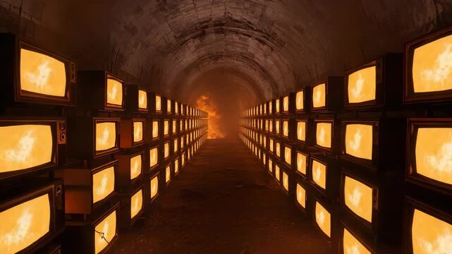 Rising orange haze spurring camera advancing in tunnel showing CRT TVs cracked glass flame-glow