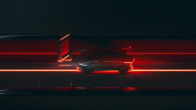 Electric car charges in a glowing, futuristic setting
