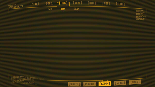 Retro futuristic game style amber monochrome overlay HUD with CRT scanlines and convex distorted display. Retro-futuristic UI overlay for video or broadcasting. Old style overlay UI panels.