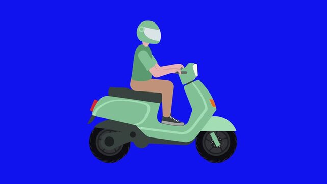 Seamless Loop man with motorcycle Animation on blue screen background. Transportation vector Looping animation Man in motorcycle. easy to use