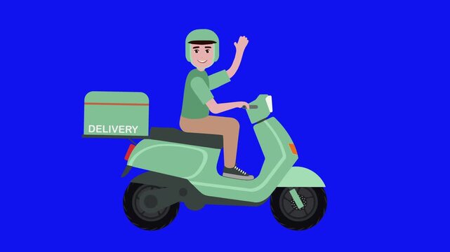 Seamless Loop delivery man with motorcycle Animation on blue screen background. Transportation Vector Looping animation Delivery man. easy to use