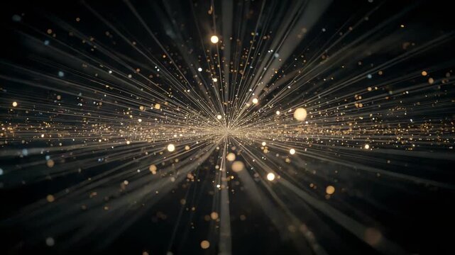Pulsing central origin sending radial streaks across dark field, glitter band, bokeh orbs, sparkles