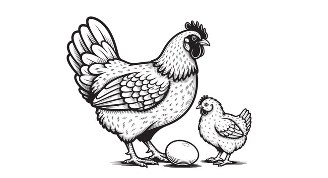 A mother hen and a small chick standing next to an egg