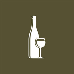 A simple white silhouette of a wine bottle and glass against a dark olive green background