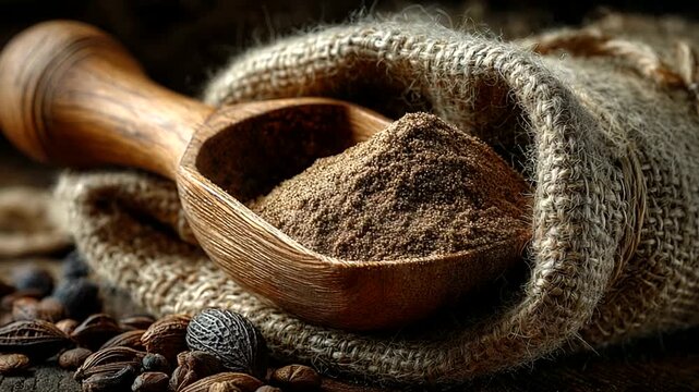 Rustic wooden scoop filled with brown powder on a burlap sack