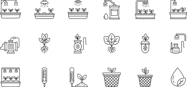 Hydroponics and plant growth systems linear icons set for modern agriculture and gardening.
