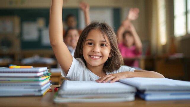 Raising school-age student lifting hand and smiling at desk in classroom, textbooks, teacher asking