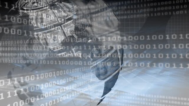 Animation of binary coding over globe of american dollar bills spinning on grey background