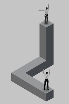Two men standing on geometric figure
