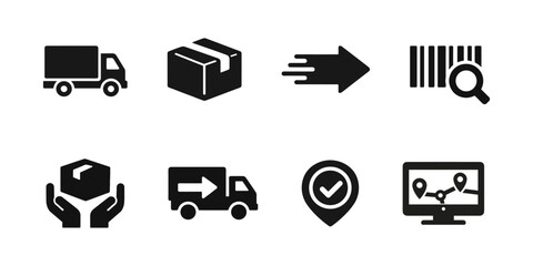 Shipping, delivery tracking, transport, cargo, solid black icon set vector illustration