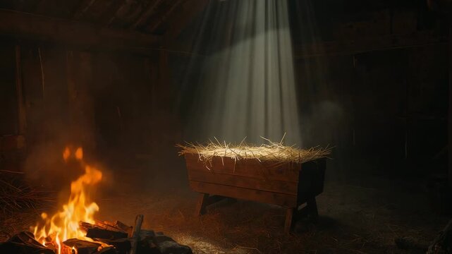 Highlighting manger in barn, daylight beam via roof gap illuminating straw, with flickering fire