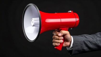 Hand in grey business suit holding red megaphone on black background, symbolizing announcement, promotion, leadership, marketing campaign, and powerful communication concept.